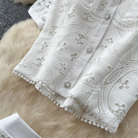 Doll-collar Top & Skirt White Lace 2Pcs
