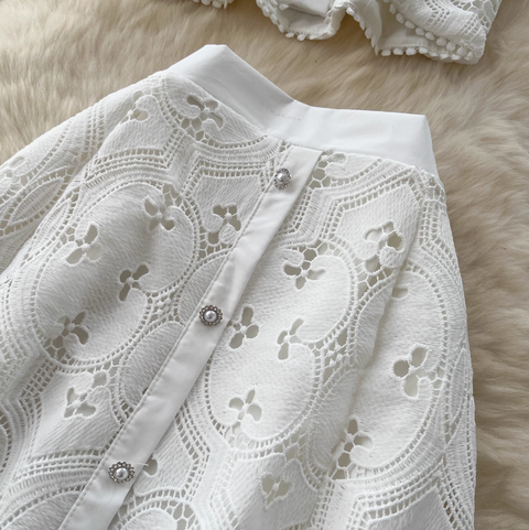 Doll-collar Top & Skirt White Lace 2Pcs