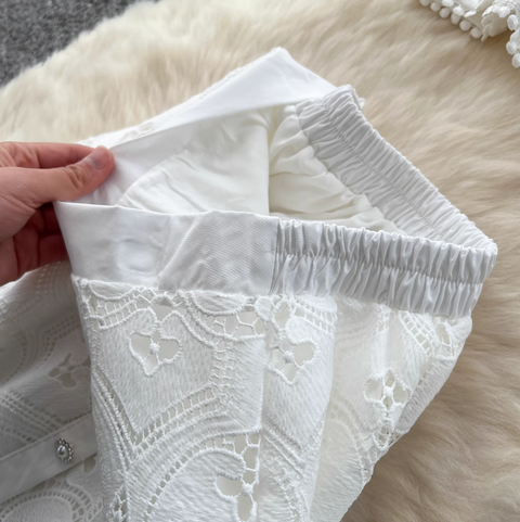 Doll-collar Top & Skirt White Lace 2Pcs