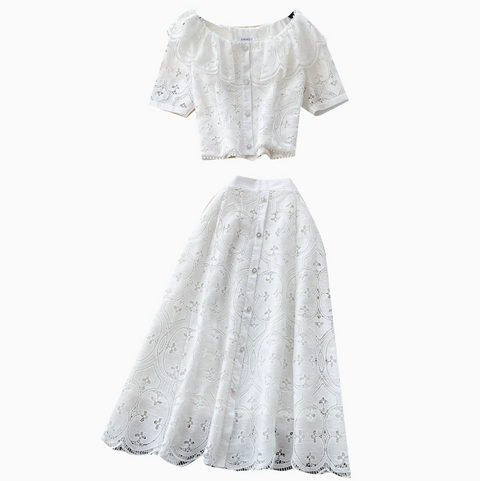 Doll-collar Top & Skirt White Lace 2Pcs