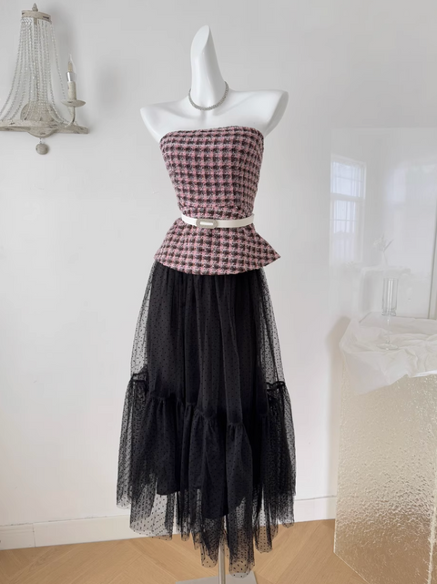 Plaid Tweed Top & Black Mesh Skirt
