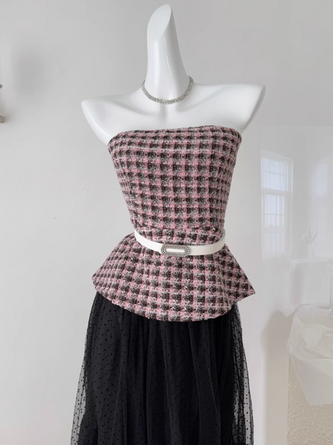 Plaid Tweed Top & Black Mesh Skirt