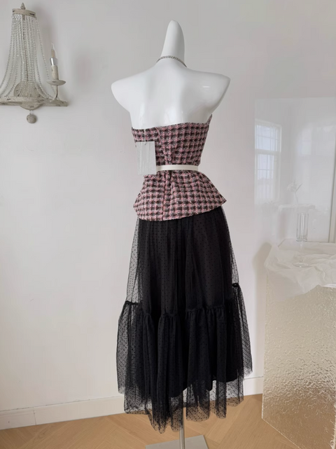Plaid Tweed Top & Black Mesh Skirt
