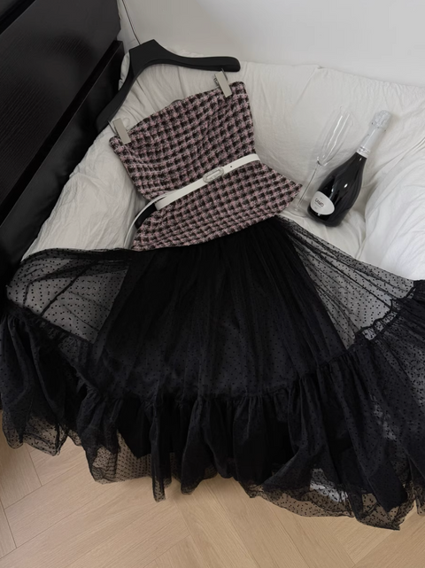 Plaid Tweed Top & Black Mesh Skirt