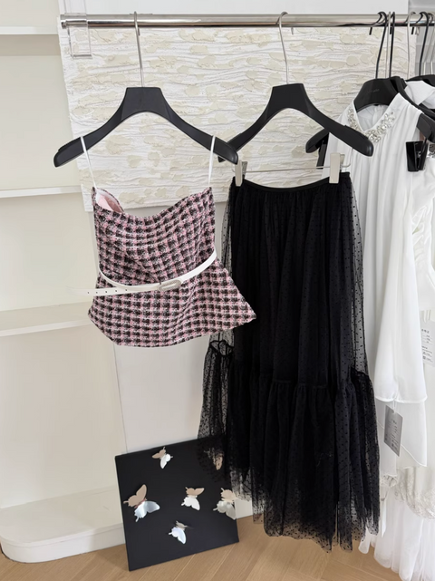 Plaid Tweed Top & Black Mesh Skirt