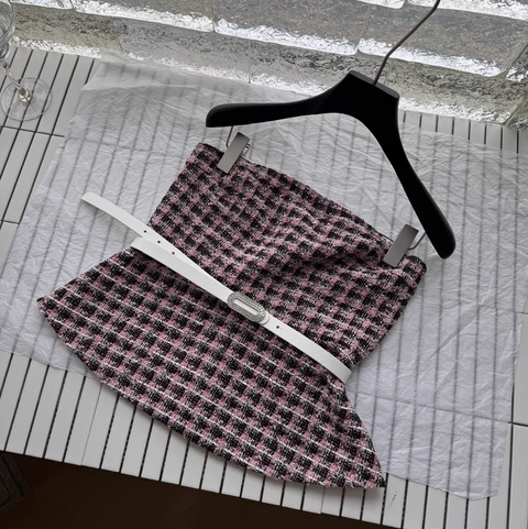 Plaid Tweed Top & Black Mesh Skirt
