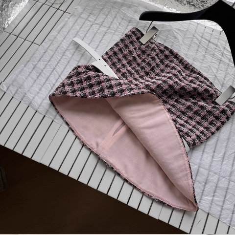 Plaid Tweed Top & Black Mesh Skirt
