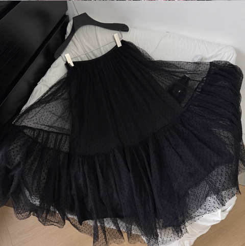 Plaid Tweed Top & Black Mesh Skirt