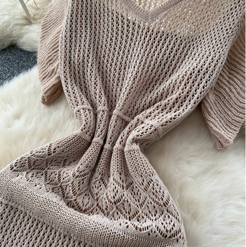 Hollowed Crochet Dress & Slip Dress 2Pcs