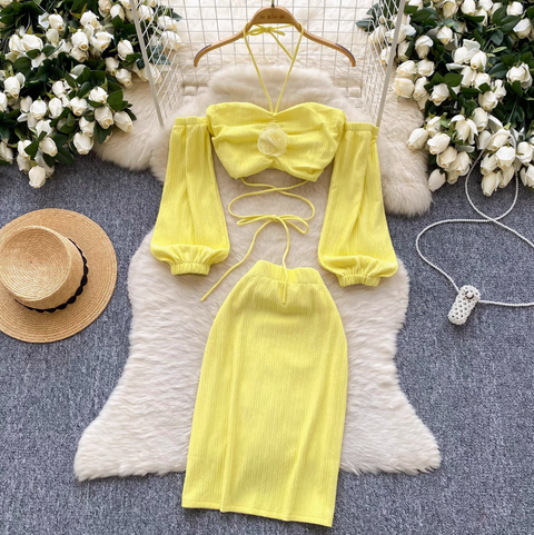 3D Floral Halter Top & Skirt 2Pcs