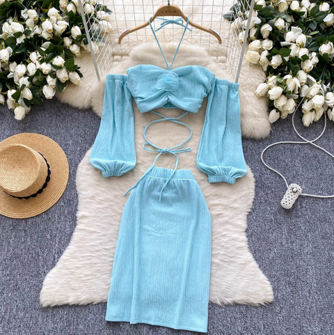 3D Floral Halter Top & Skirt 2Pcs