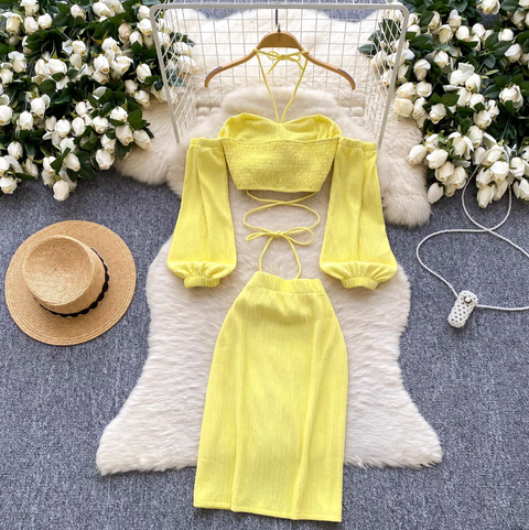 3D Floral Halter Top & Skirt 2Pcs