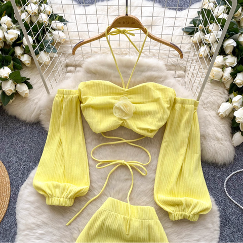 3D Floral Halter Top & Skirt 2Pcs