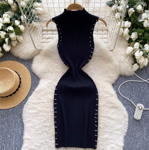 Turtleneck Slim-fit Beaded Knit Dress