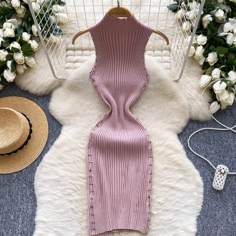 Turtleneck Slim-fit Beaded Knit Dress