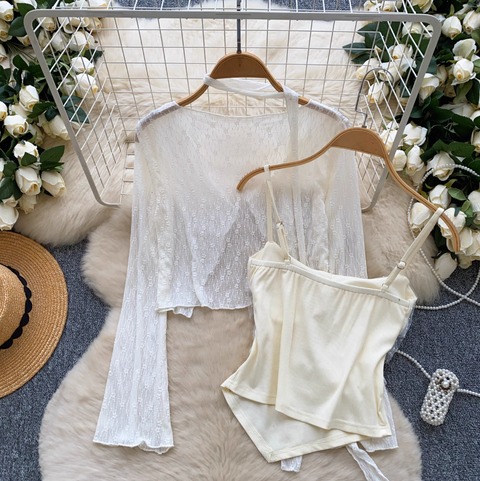Lace Patchwork Camisole & Cardigan 2Pcs
