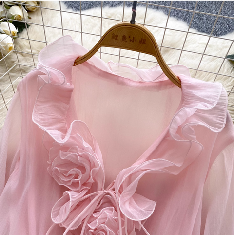 Fairy V-neck 3D Flower Chiffon Dress