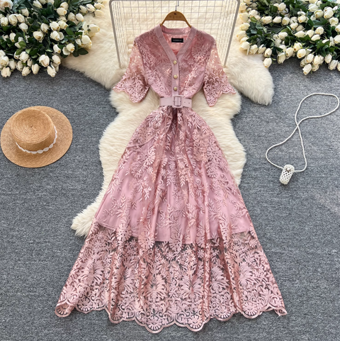 V-neck Embroidered Lace Shirt Dress