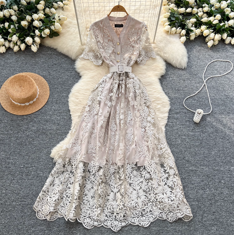 V-neck Embroidered Lace Shirt Dress
