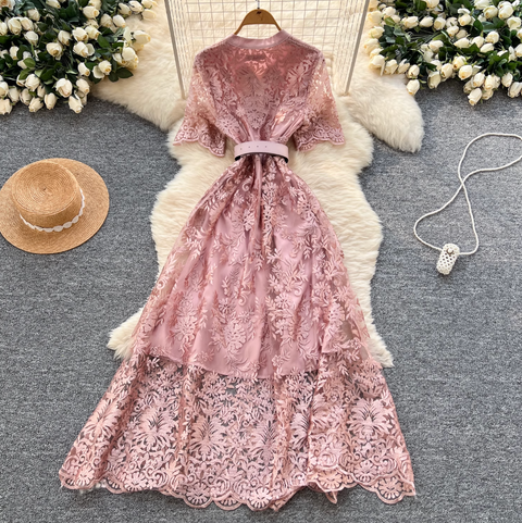 V-neck Embroidered Lace Shirt Dress