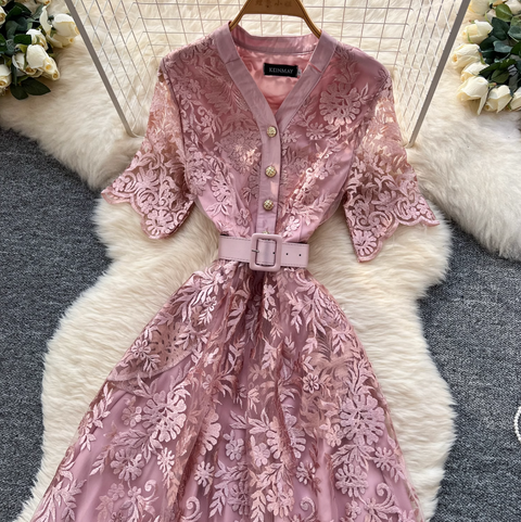 V-neck Embroidered Lace Shirt Dress