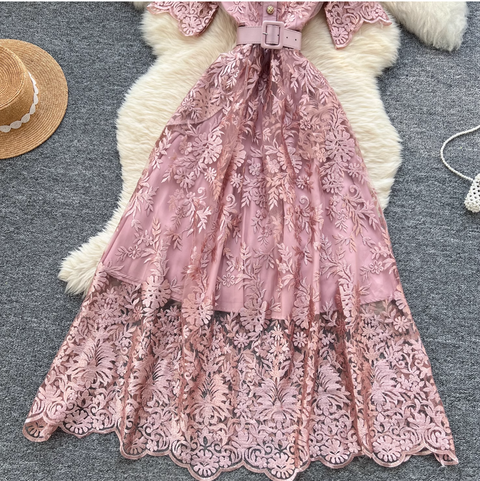 V-neck Embroidered Lace Shirt Dress