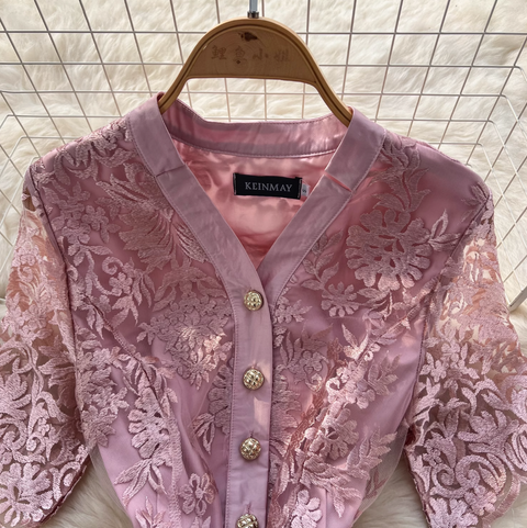 V-neck Embroidered Lace Shirt Dress