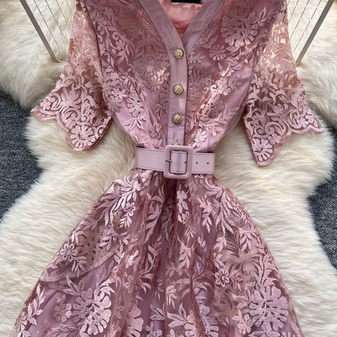 V-neck Embroidered Lace Shirt Dress