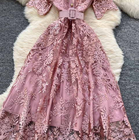 V-neck Embroidered Lace Shirt Dress