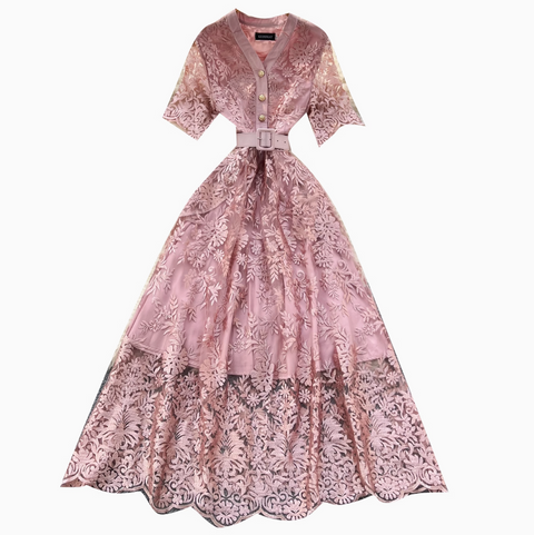 V-neck Embroidered Lace Shirt Dress