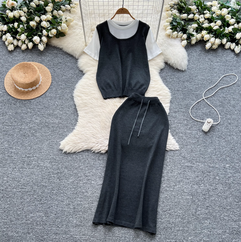 Patchwork Knitwear & Drawstring Skirt 2Pcs