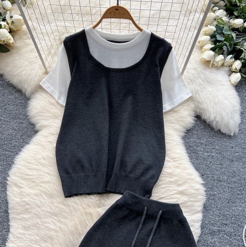 Patchwork Knitwear & Drawstring Skirt 2Pcs