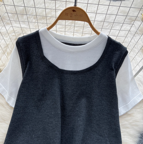 Patchwork Knitwear & Drawstring Skirt 2Pcs