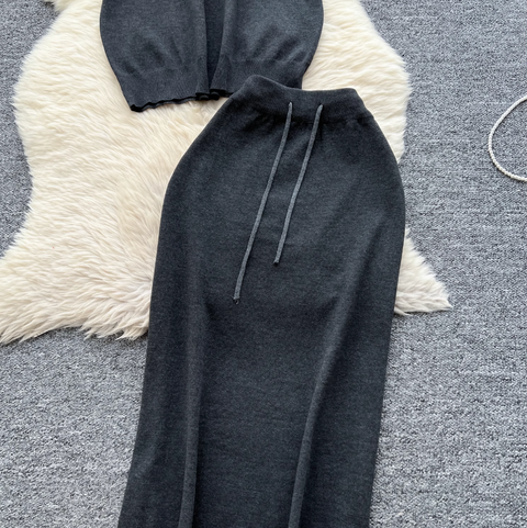 Patchwork Knitwear & Drawstring Skirt 2Pcs
