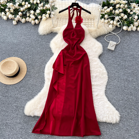 Wine Red Ruffled Split Halter Dress