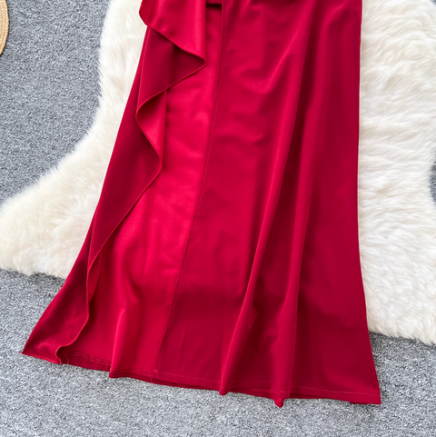 Wine Red Ruffled Split Halter Dress