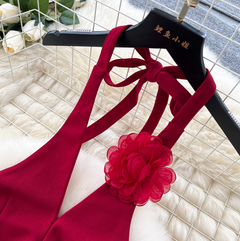 Wine Red Ruffled Split Halter Dress