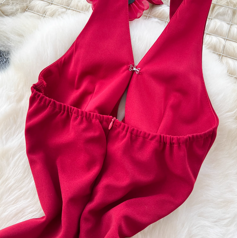 Wine Red Ruffled Split Halter Dress