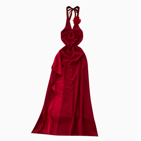 Wine Red Ruffled Split Halter Dress