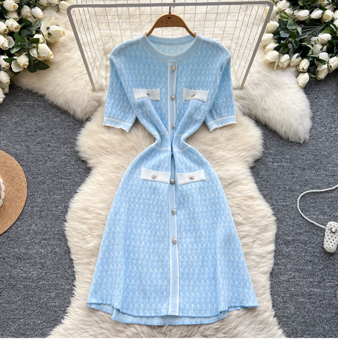 Pearl Button Slim-fit Sweater Dress