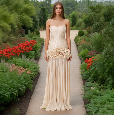Off-shoulder 3D Flower Apricot Dress