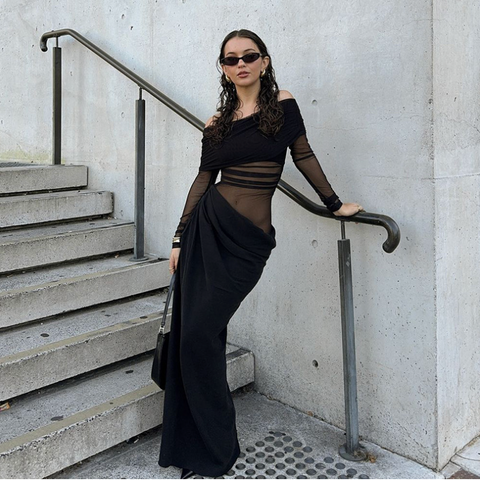 Sexy Off-shoulder Pleated Mesh Dress