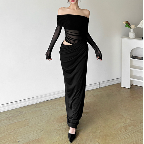 Sexy Off-shoulder Pleated Mesh Dress