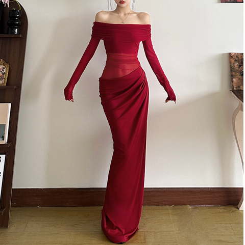 Sexy Off-shoulder Pleated Mesh Dress