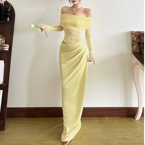Sexy Off-shoulder Pleated Mesh Dress