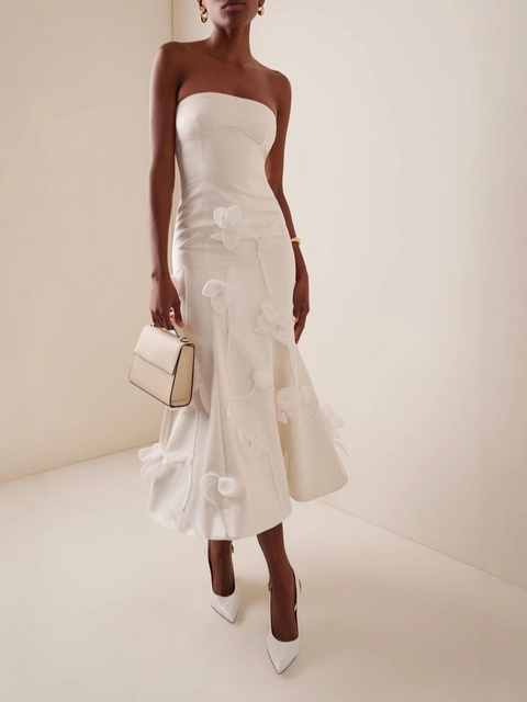 Strapless 3D White Flower Dress