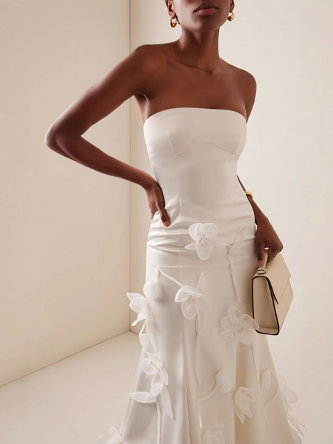 Strapless 3D White Flower Dress