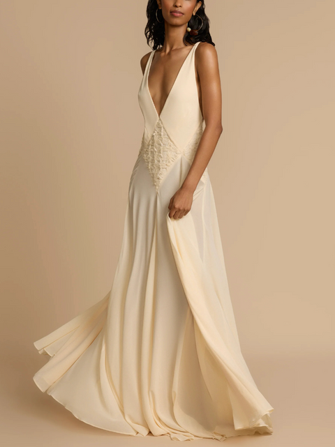 Hollowed Deep V-neck Halter Dress