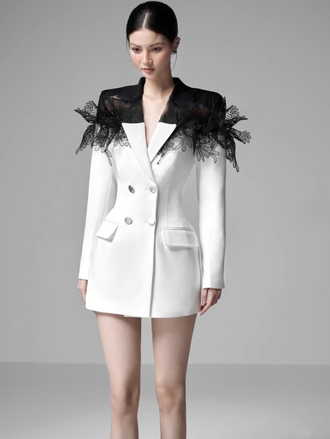 Lapeled Double-breasted Patchwork Suit Dress