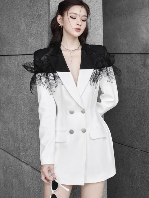 Lapeled Double-breasted Patchwork Suit Dress